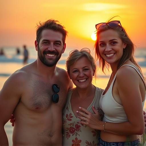 Vincent Cassel souriant avec sa famille sur une plage à Rio de Janeiro, au coucher du soleil.